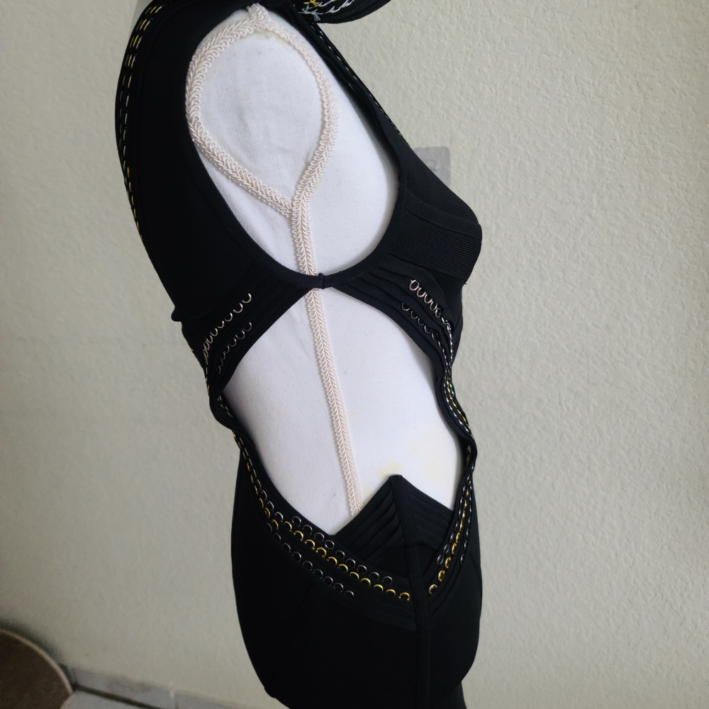 Herve Leger Black One-Shoulder Cutout Dress with Gold Trim - Picture 4 of 10